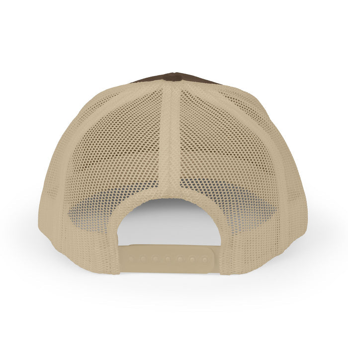 Back view of tan and brown Rack & River Outdoors mesh trucker cap