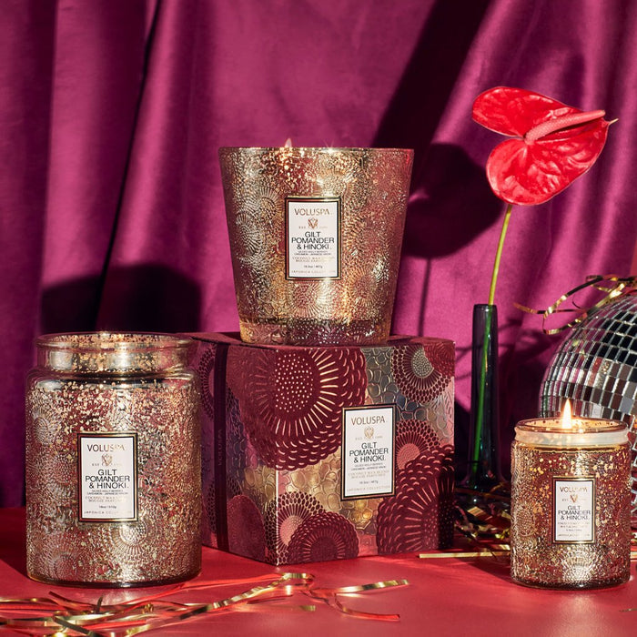 VOLUSPA Gilt Pomander & Hinoki Boxed 3 Wick Hearth Candle