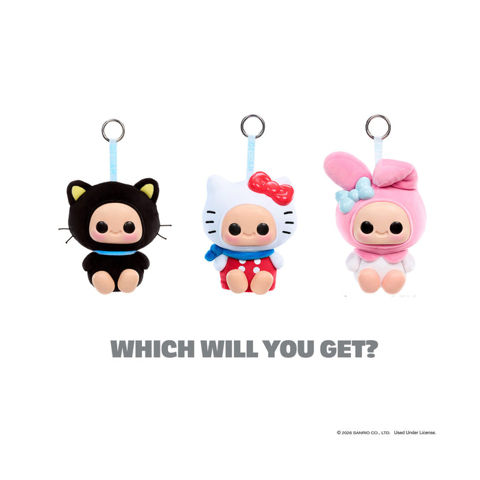 Three plush keychains shaped like Hello Kitty characters on a white background with text asking 'Which will you get?'.