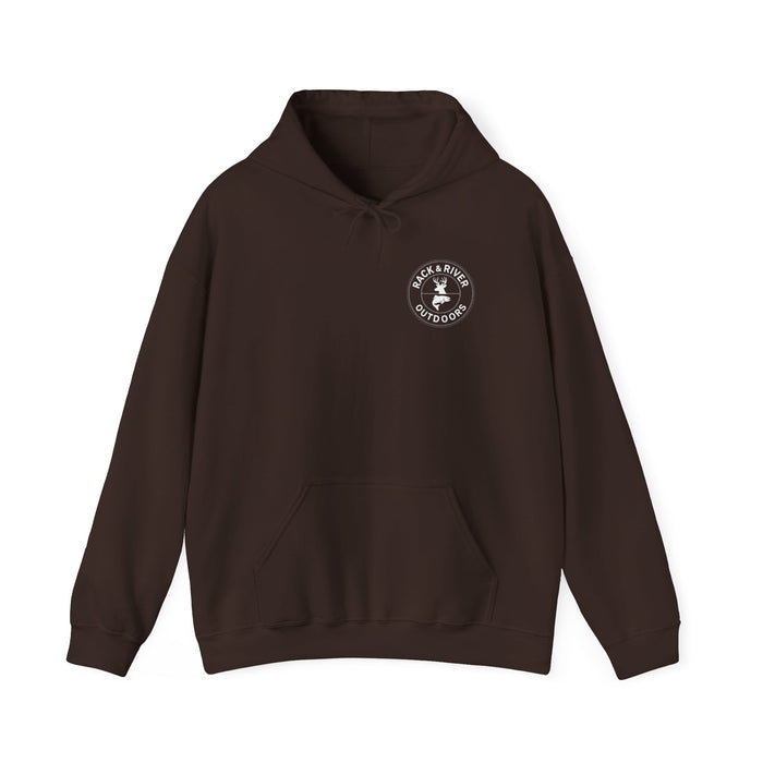 Brown hoodie with small front chest Rack & River Outdoors logo.