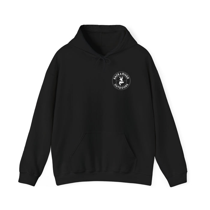 Black hoodie with small front chest Rack & River Outdoors logo.
