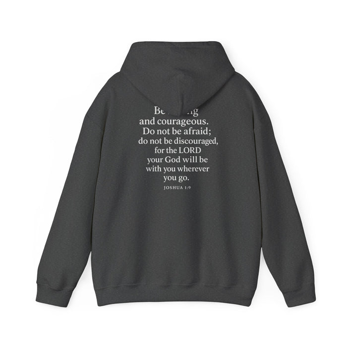 Gray Christian hoodie with Joshua 1:9 Bible verse on the back by Rack & River Outdoors.