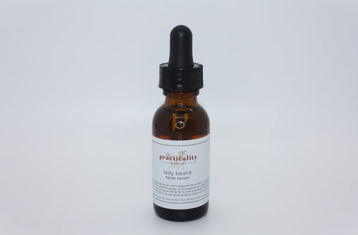 Lady Beard facial serum in amber glass dropper bottle with Practicality Skincare label