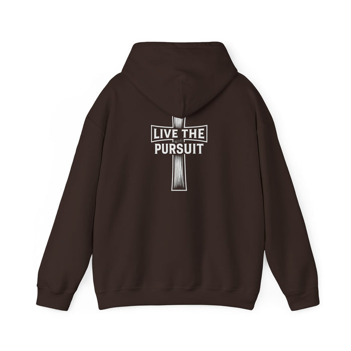 Brown Christian hoodie with Live The Pursuit cross design on the back.