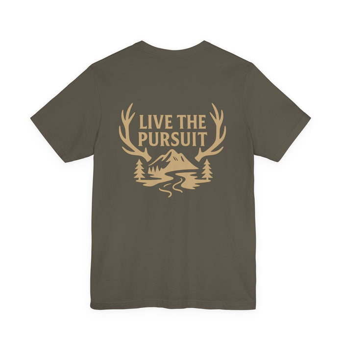 Brown Live The Pursuit t-shirt with antler and river outdoor graphic.