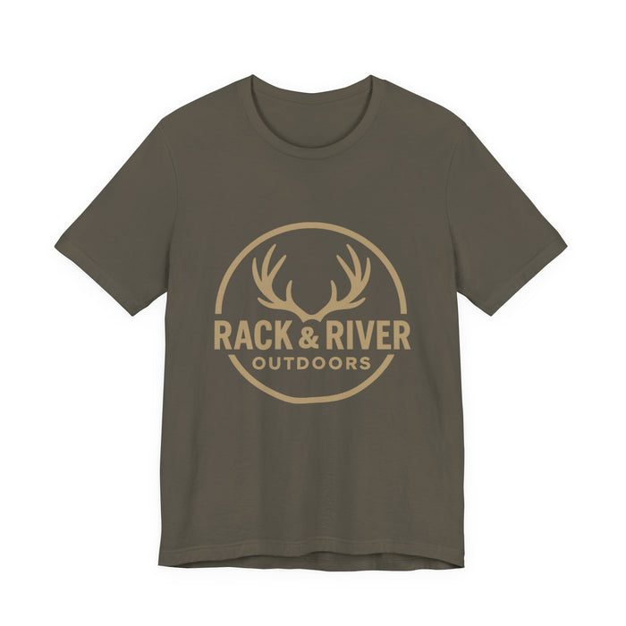 Green Rack & River Outdoors t-shirt with antler logo graphic.