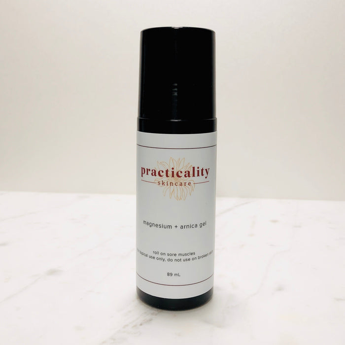 Magnesium and arnica body gel in Practicality packaging