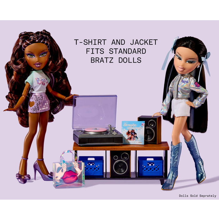 Two Bratz fashion dolls standing by record player with text ‘T-Shirt and Jacket Fits Standard Bratz Dolls’ also ‘Dolls sold Separately’ on a light purple background.