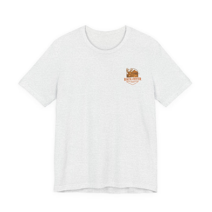 White Christian outdoor lifestyle t-shirt featuring small Rack & River Outdoors deer logo on the left chest, product display on white background.