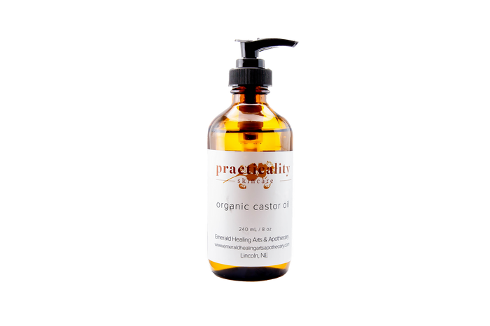 Organic cold-pressed hexane-free castor oil in an eight-ounce bottle