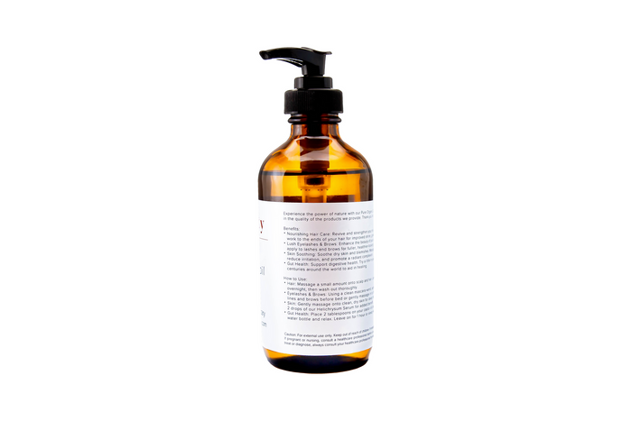 Back label of the eight-ounce organic cold-pressed hexane-free castor oil bottle