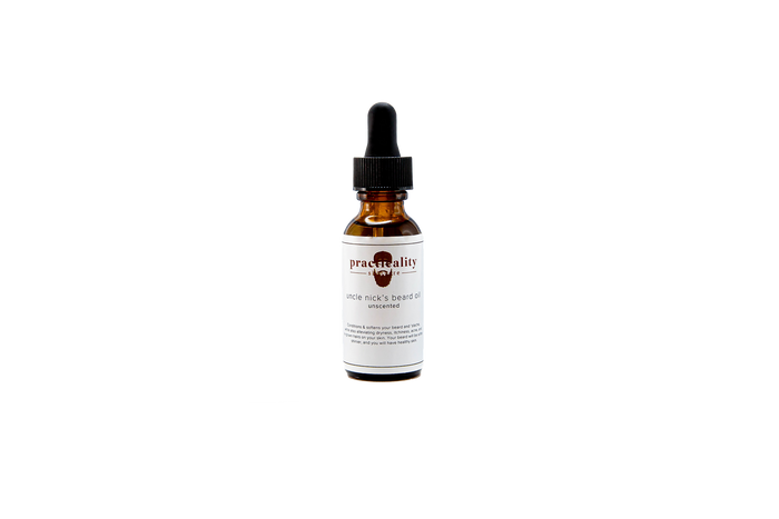 Uncle Nick's Unscented Beard Oil bottle shown from the front